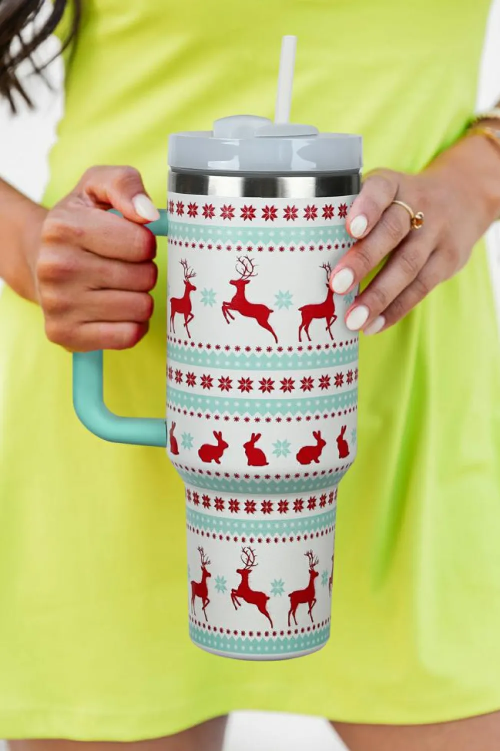 Fashion Dear-Lover Christmas Print Handled Stainless Steel Tumblers 40oz Iceland Blue