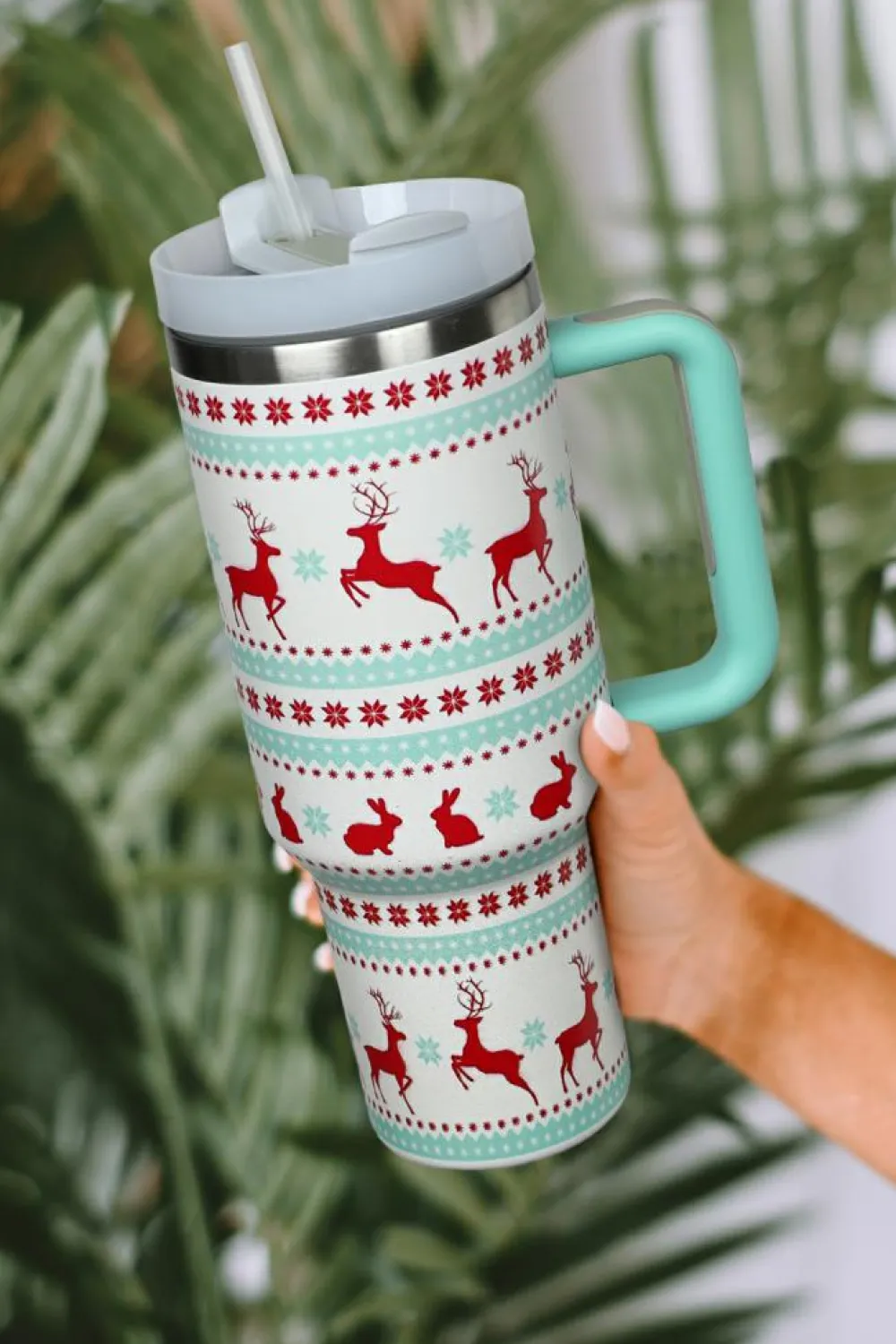 Fashion Dear-Lover Christmas Print Handled Stainless Steel Tumblers 40oz Iceland Blue