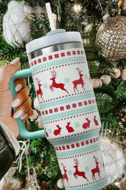 Fashion Dear-Lover Christmas Print Handled Stainless Steel Tumblers 40oz Iceland Blue