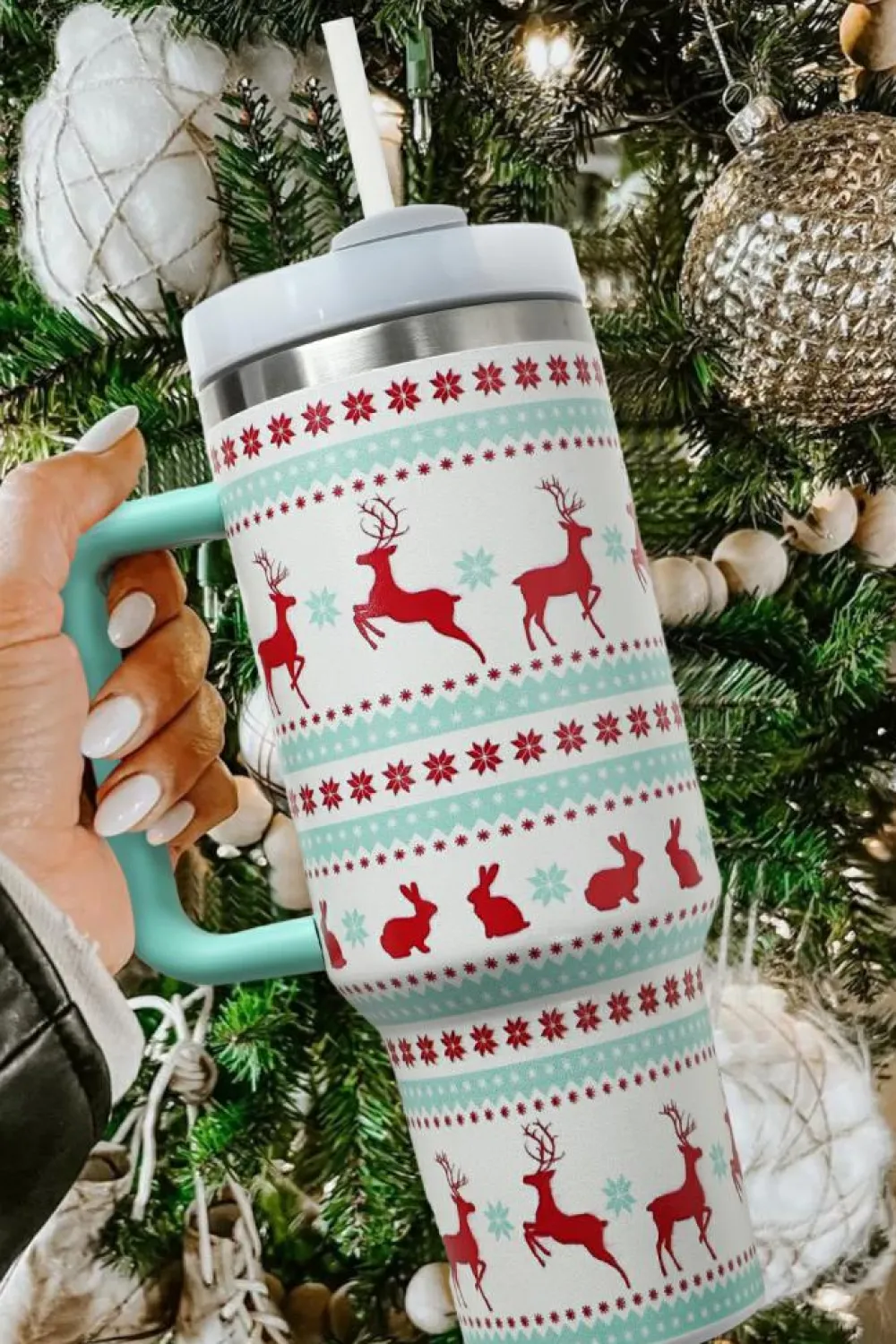 Fashion Dear-Lover Christmas Print Handled Stainless Steel Tumblers 40oz Iceland Blue