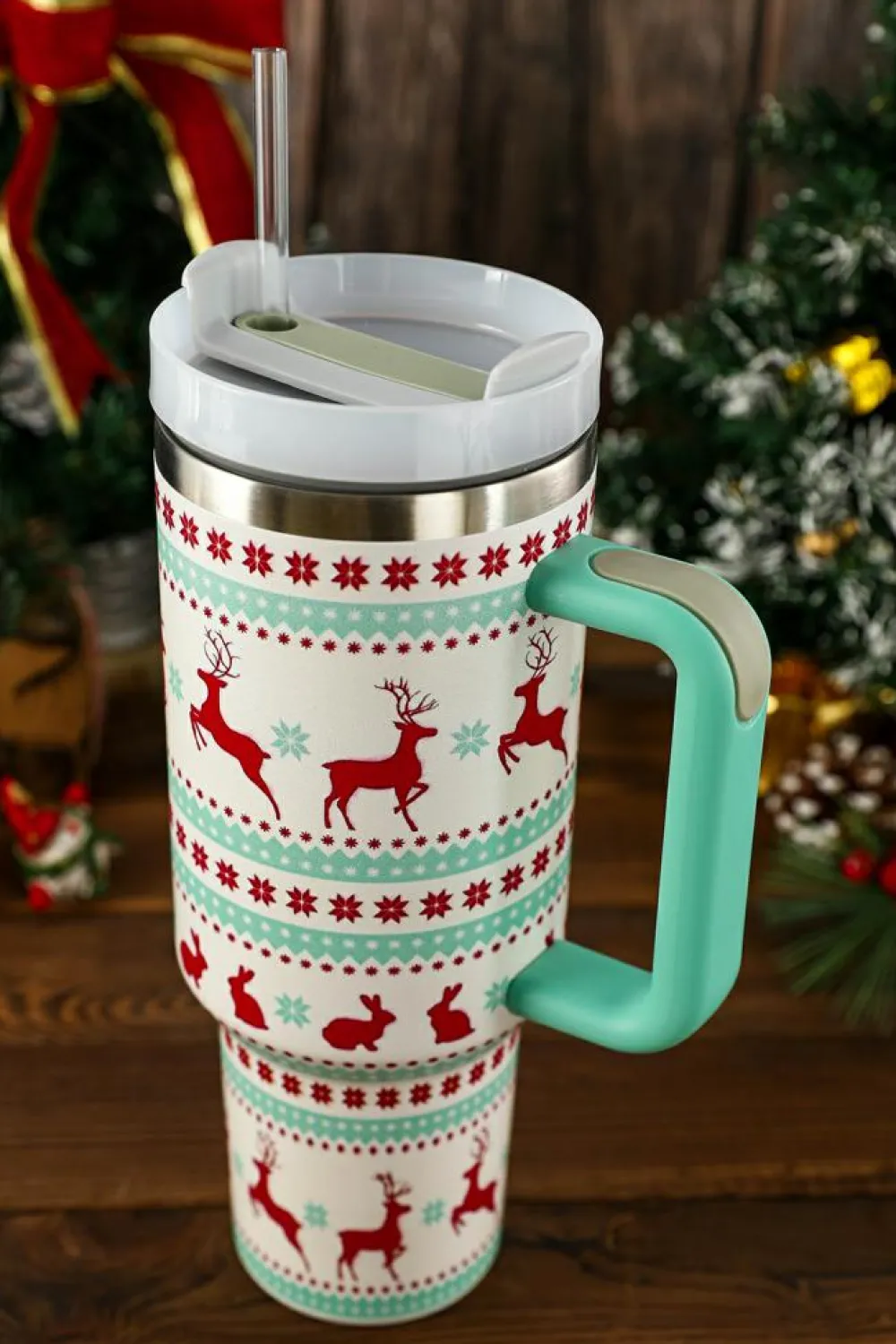 Fashion Dear-Lover Christmas Print Handled Stainless Steel Tumblers 40oz Iceland Blue