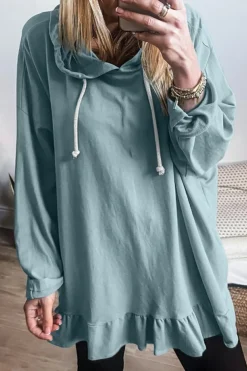 Clearance Dear-Lover Solid Ruffled Hem Loose Fit Tunic Hoodie Iceland Blue