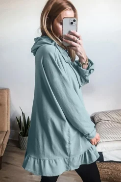 Clearance Dear-Lover Solid Ruffled Hem Loose Fit Tunic Hoodie Iceland Blue