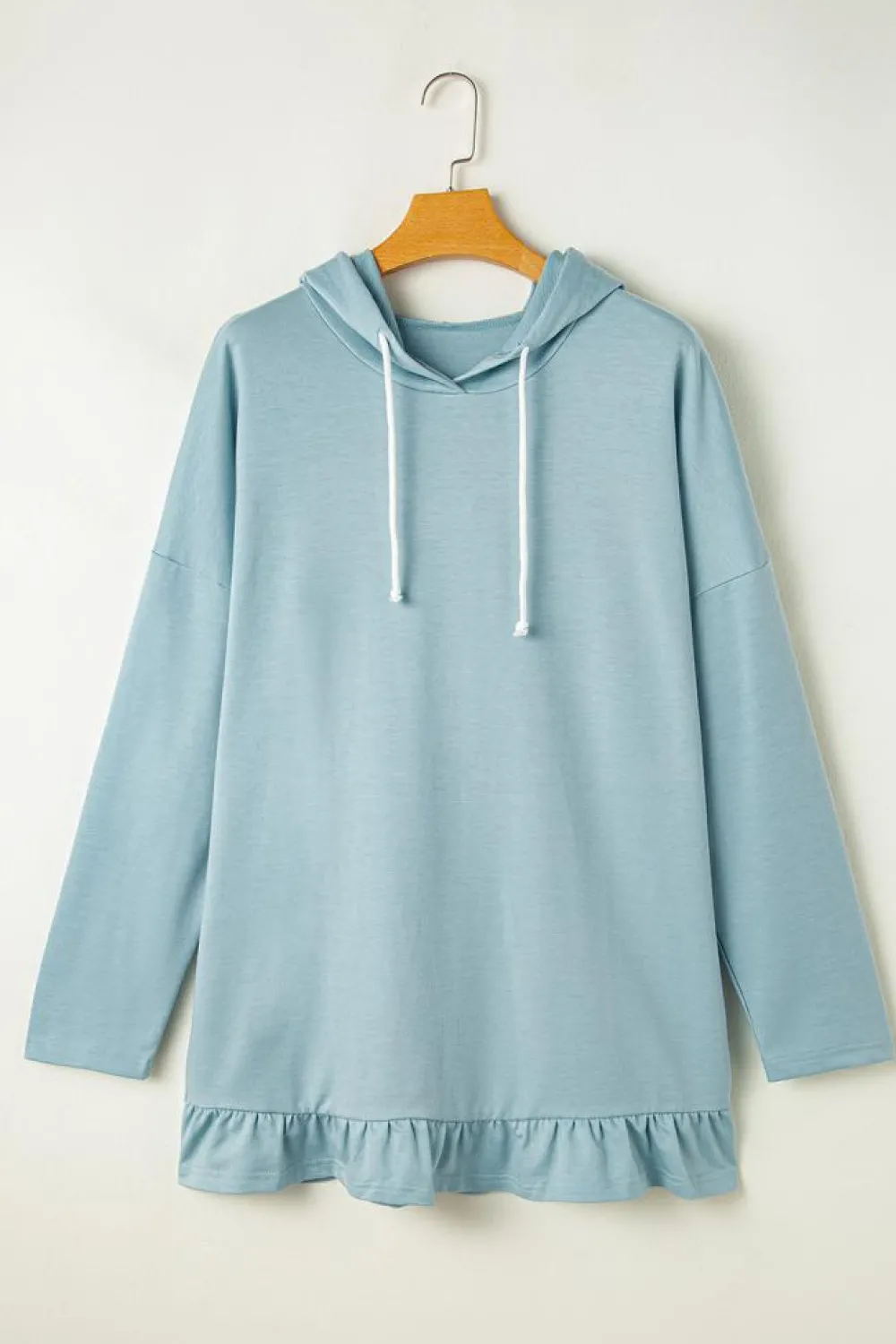 Clearance Dear-Lover Solid Ruffled Hem Loose Fit Tunic Hoodie Iceland Blue