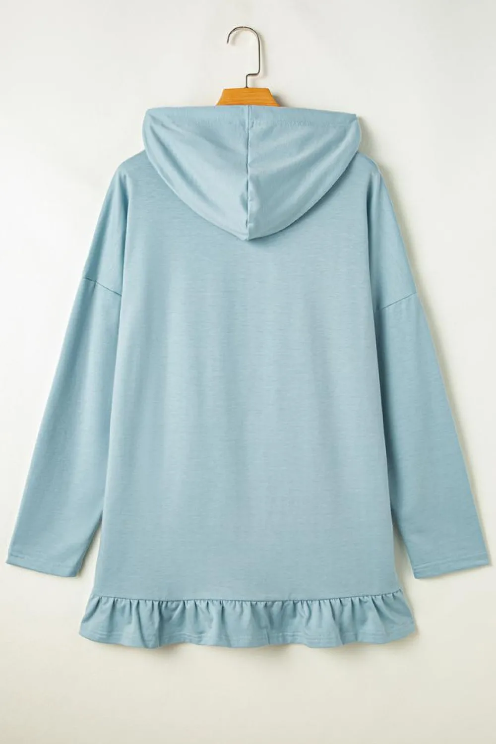 Clearance Dear-Lover Solid Ruffled Hem Loose Fit Tunic Hoodie Iceland Blue
