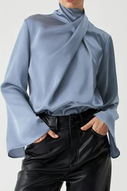 Discount Dear-Lover Asymmetric Pleated Turtleneck Bell Sleeve Blouse Ivy