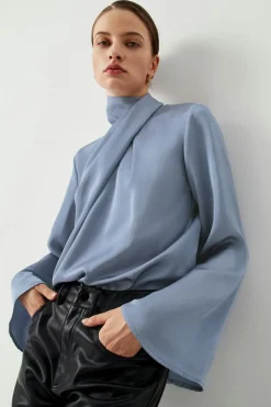 Discount Dear-Lover Asymmetric Pleated Turtleneck Bell Sleeve Blouse Ivy