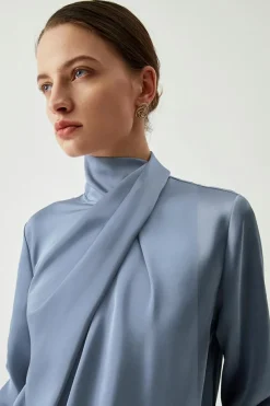 Discount Dear-Lover Asymmetric Pleated Turtleneck Bell Sleeve Blouse Ivy
