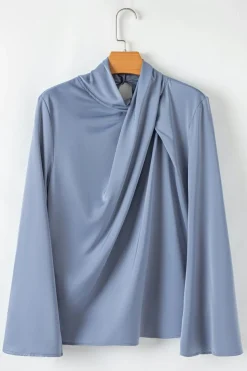 Discount Dear-Lover Asymmetric Pleated Turtleneck Bell Sleeve Blouse Ivy