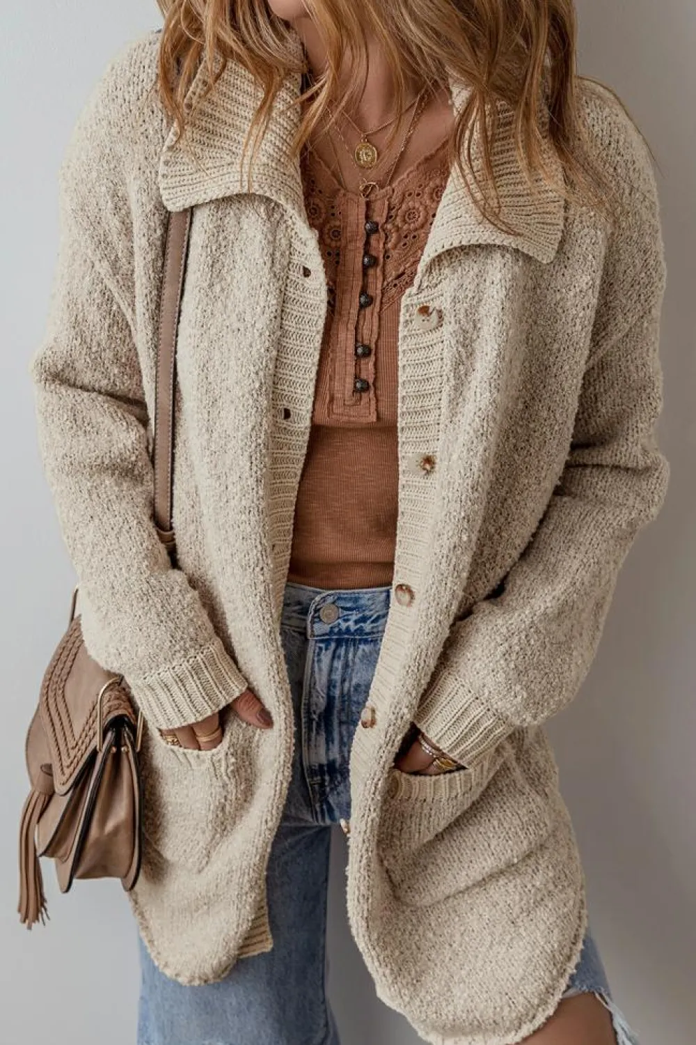 Sale Dear-Lover Collared Drop Shoulder Button Up Cardigan with Pocket Jet Stream
