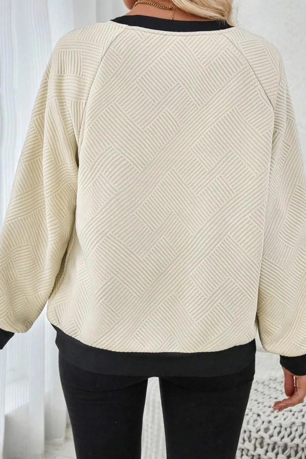 Outlet Dear-Lover Color Block Edge Raglan Sleeve Crew Neck Textured Top Jet Stream