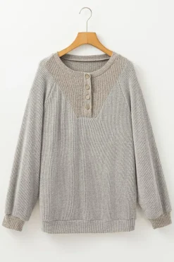 Hot Dear-Lover Color Contrast Ribbed Loose Fit Long Sleeve Top Jet Stream