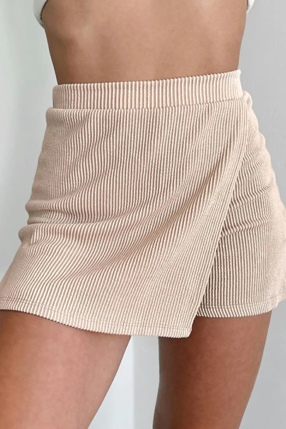 Fashion Dear-Lover Corded Elastic High Waist Wrap Skort Jet Stream