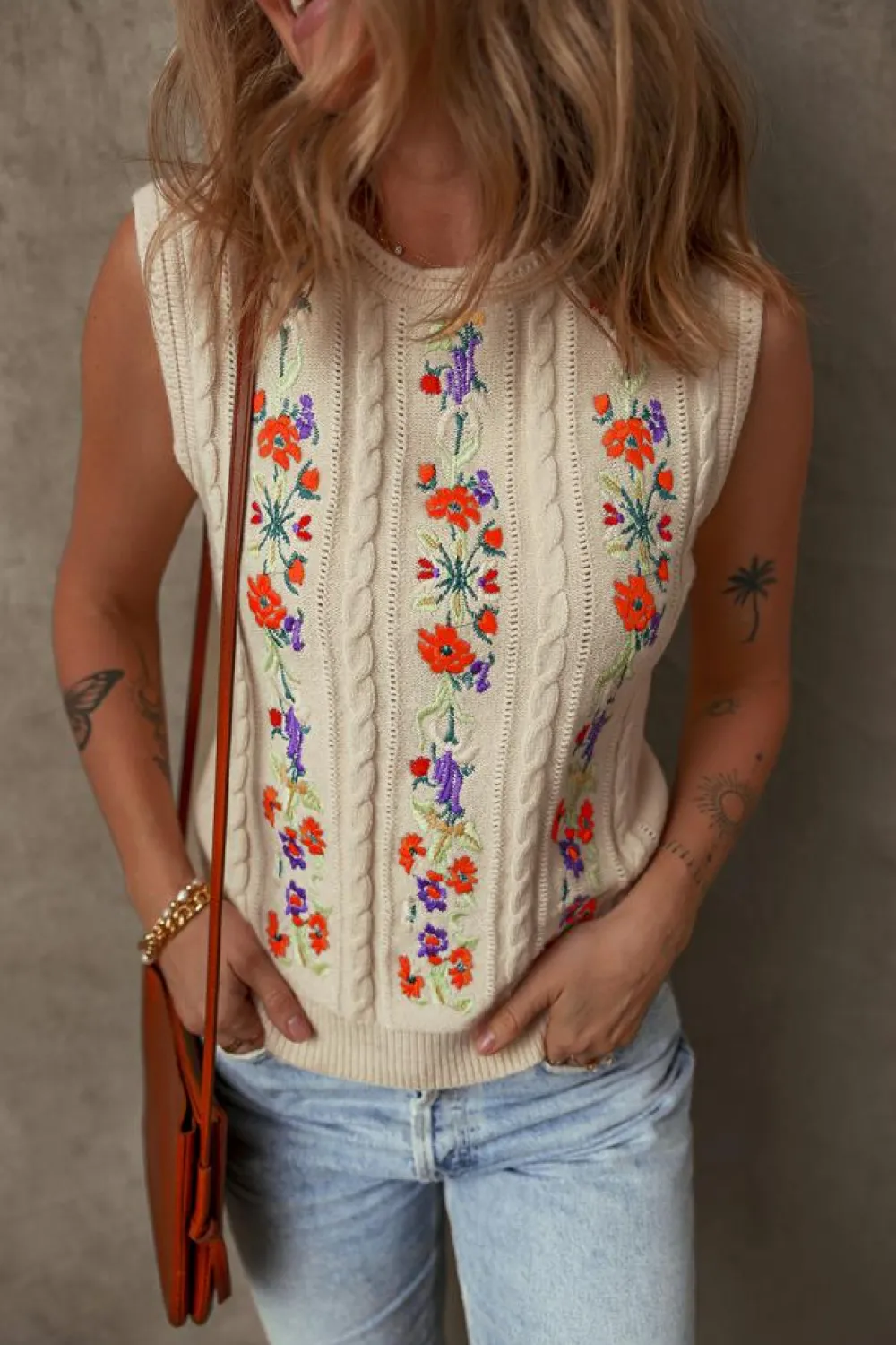 Discount Dear-Lover Embroidered Floral Cable Knit Sweater Vest Jet Stream