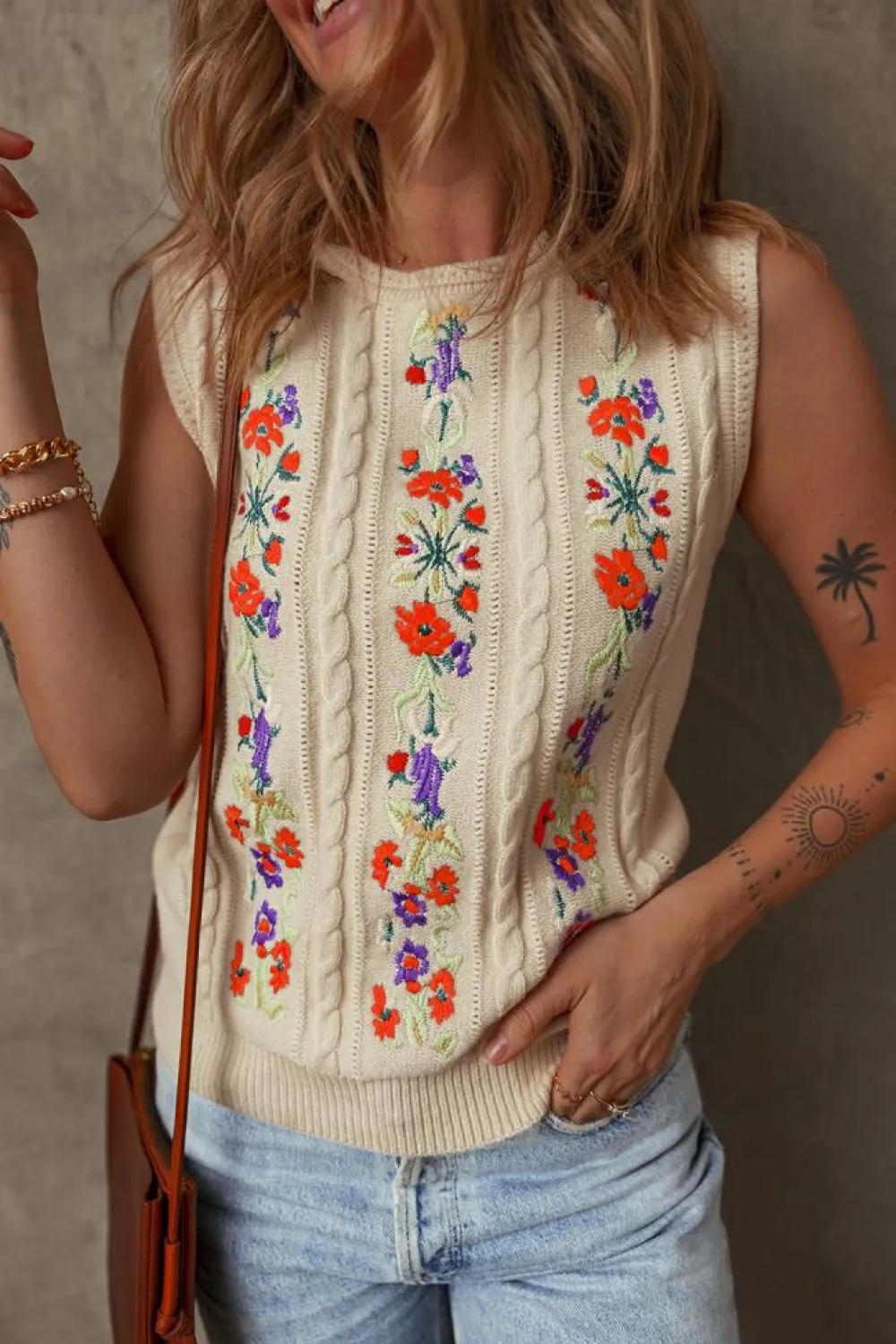 Discount Dear-Lover Embroidered Floral Cable Knit Sweater Vest Jet Stream