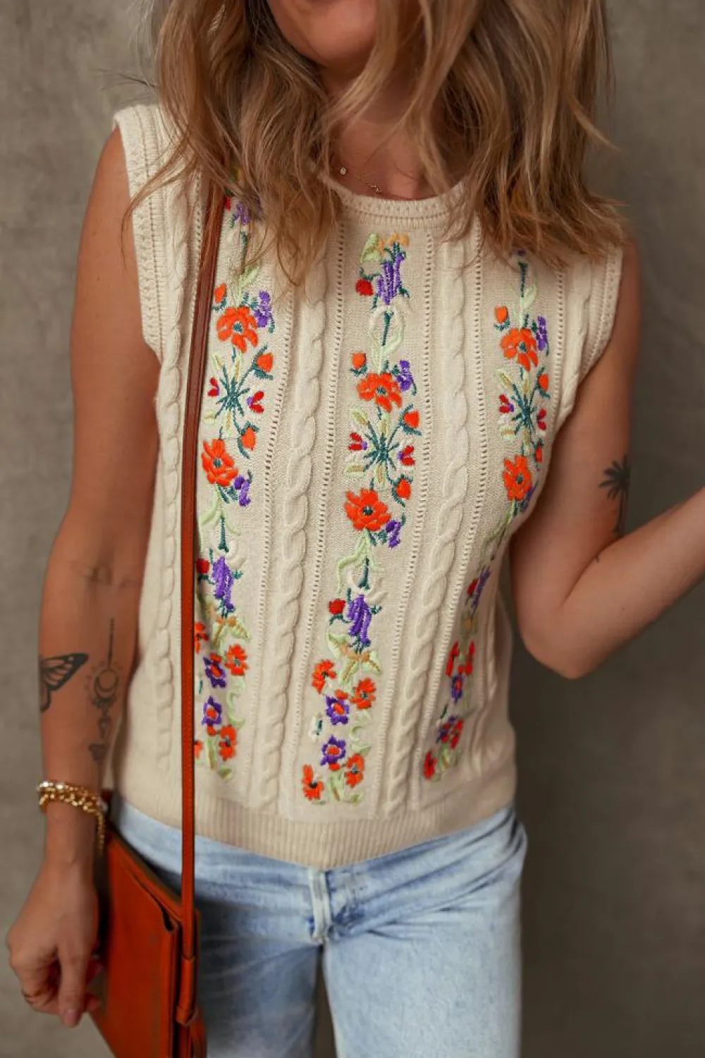 Discount Dear-Lover Embroidered Floral Cable Knit Sweater Vest Jet Stream