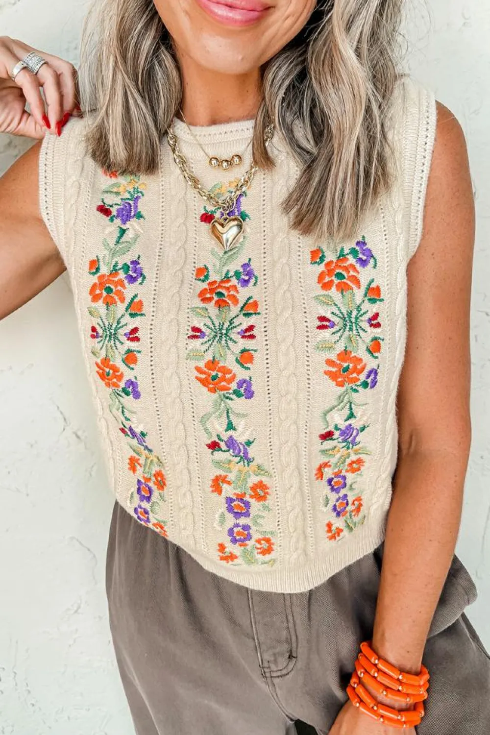 Discount Dear-Lover Embroidered Floral Cable Knit Sweater Vest Jet Stream