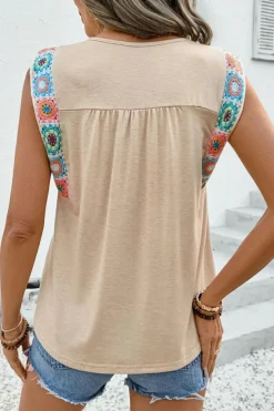 Outlet Dear-Lover Floral Crochet Patchwork Round Neck Tank Top Jet Stream