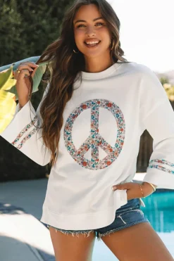 Clearance Dear-Lover Floral Peace Sign Graphic Drop Shoulder Wide Sleeve Casual Top Jet Stream