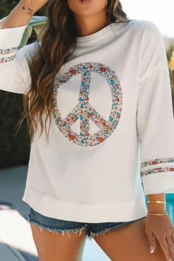 Clearance Dear-Lover Floral Peace Sign Graphic Drop Shoulder Wide Sleeve Casual Top Jet Stream