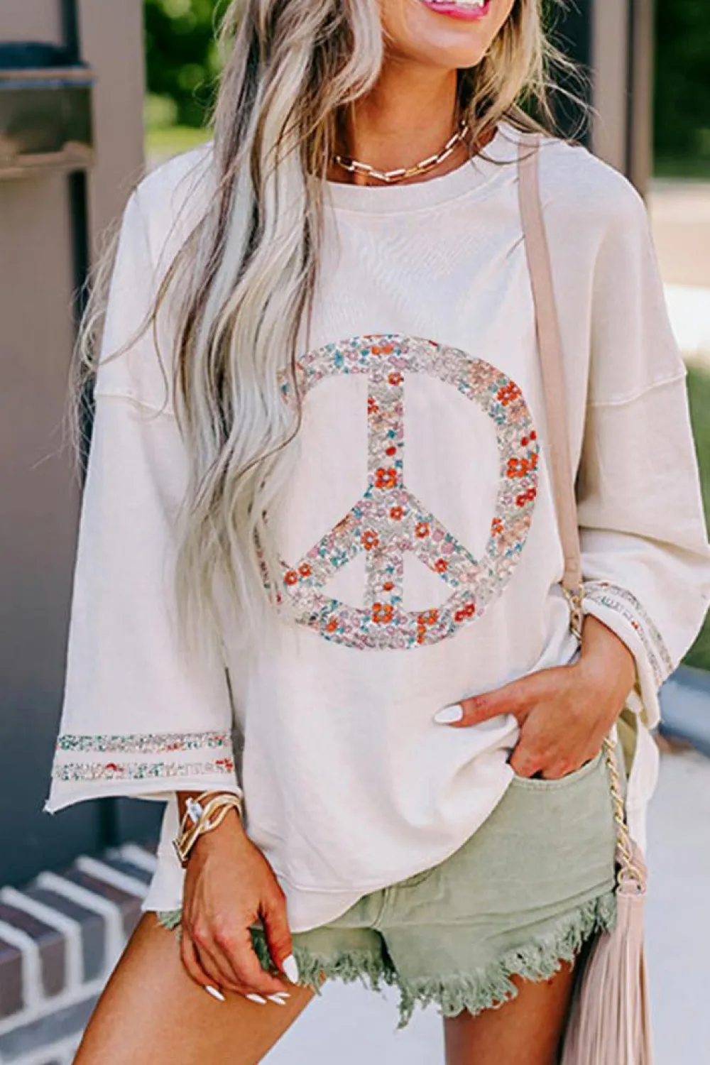 Clearance Dear-Lover Floral Peace Sign Graphic Drop Shoulder Wide Sleeve Casual Top Jet Stream