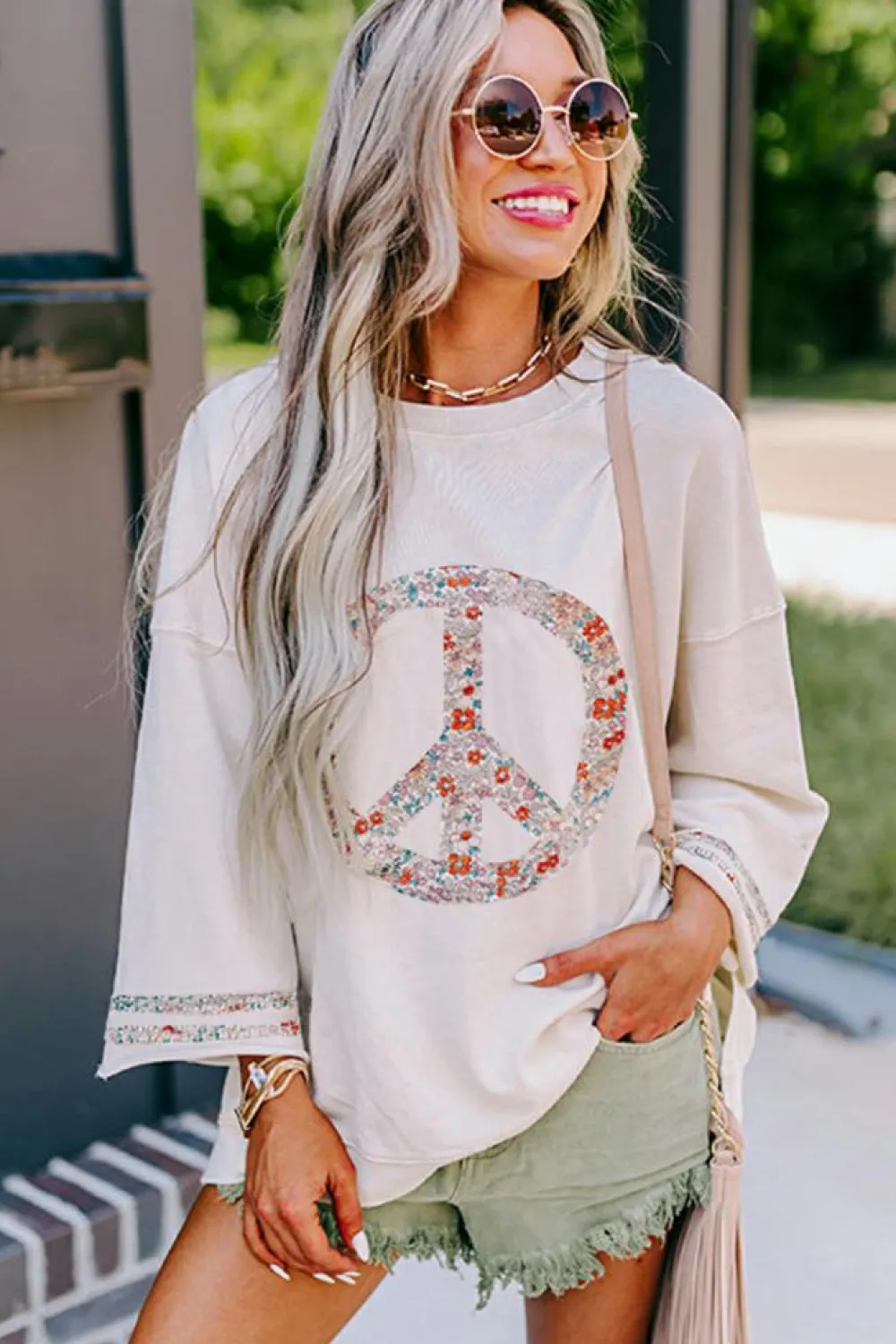 Clearance Dear-Lover Floral Peace Sign Graphic Drop Shoulder Wide Sleeve Casual Top Jet Stream
