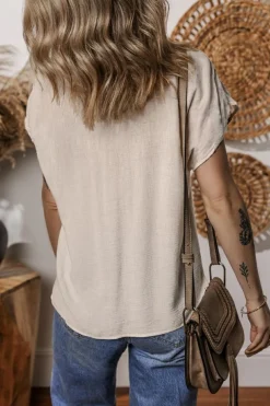 Clearance Dear-Lover Geometric Embroidered Short Sleeve Tassel Tied V Neck Blouse Jet Stream