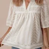 Discount Dear-Lover Geometric Jacquard Split V Neck Short Sleeve Blouse Jet Stream