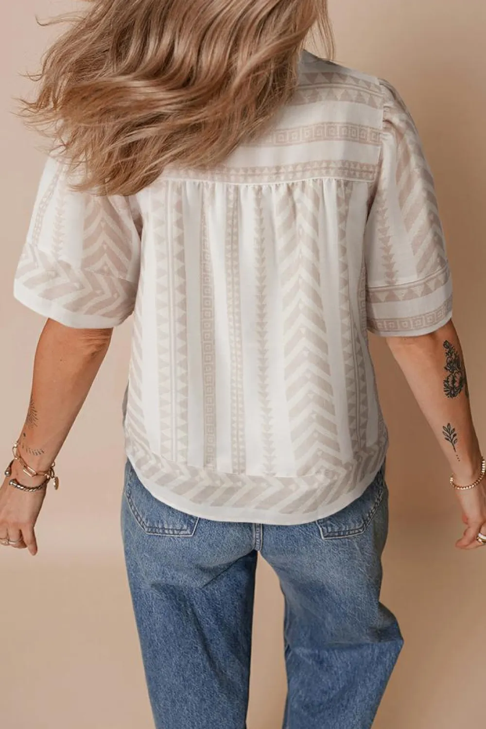 Discount Dear-Lover Geometric Jacquard Split V Neck Short Sleeve Blouse Jet Stream