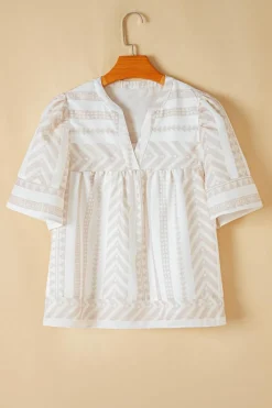Discount Dear-Lover Geometric Jacquard Split V Neck Short Sleeve Blouse Jet Stream
