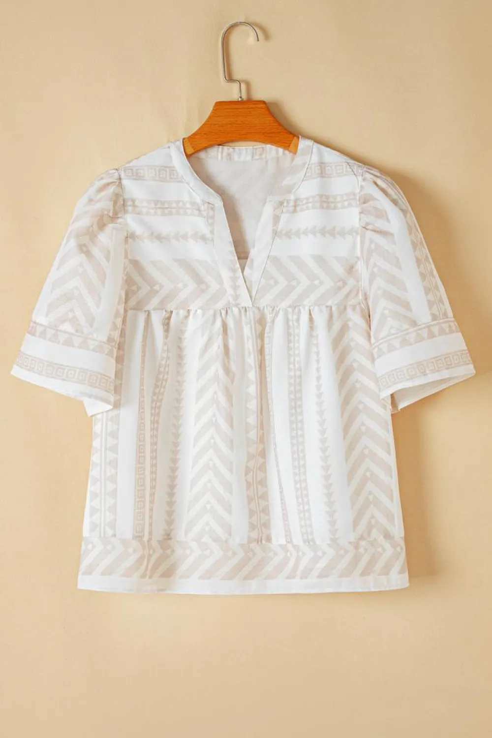 Discount Dear-Lover Geometric Jacquard Split V Neck Short Sleeve Blouse Jet Stream