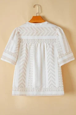 Discount Dear-Lover Geometric Jacquard Split V Neck Short Sleeve Blouse Jet Stream