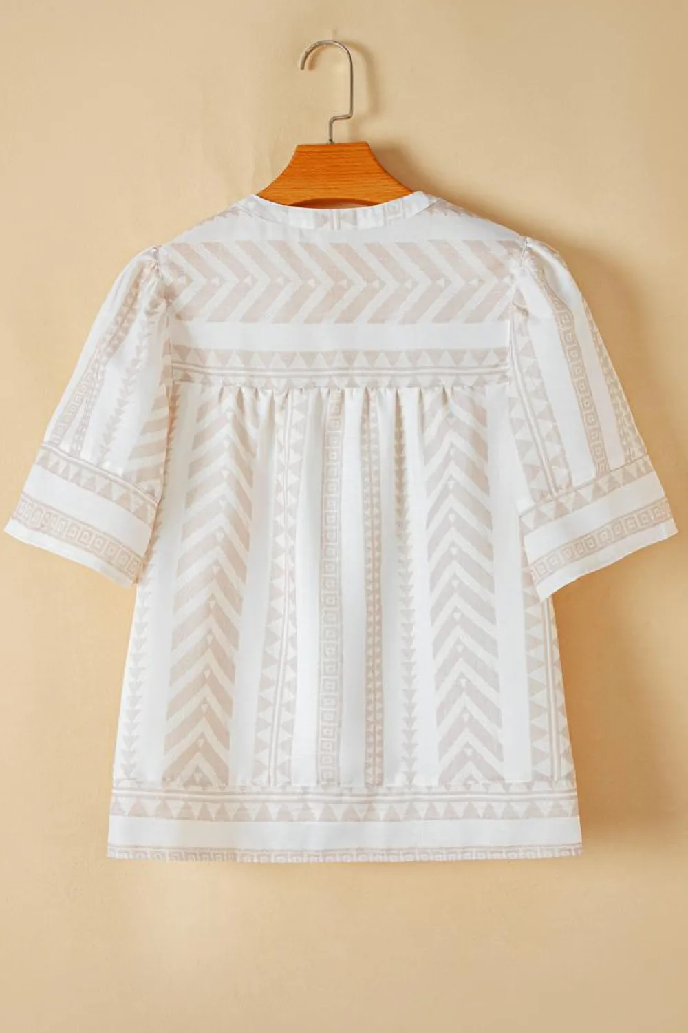 Discount Dear-Lover Geometric Jacquard Split V Neck Short Sleeve Blouse Jet Stream