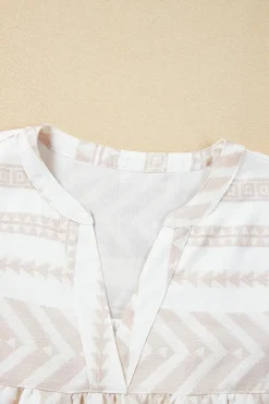 Discount Dear-Lover Geometric Jacquard Split V Neck Short Sleeve Blouse Jet Stream