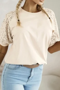 Sale Dear-Lover Lace Crochet Short Sleeve Round Neck T Shirt Jet Stream