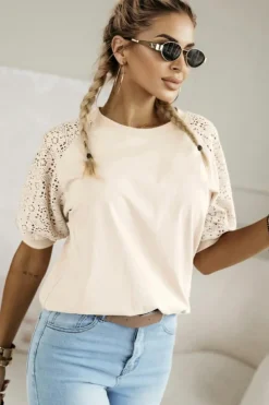 Sale Dear-Lover Lace Crochet Short Sleeve Round Neck T Shirt Jet Stream