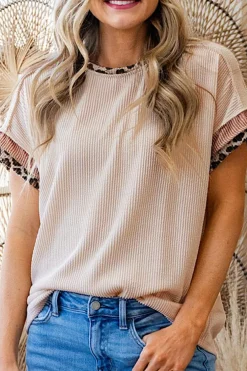 Best Dear-Lover Leopard Patchwork Corded Knit Crew Neck T Shirt Jet Stream