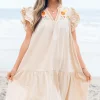 Online Dear-Lover Linen Embroidery Split Neck Pom Pom Ruffle Sleeves Flowy Short Dress Jet Stream