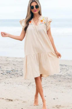 Online Dear-Lover Linen Embroidery Split Neck Pom Pom Ruffle Sleeves Flowy Short Dress Jet Stream