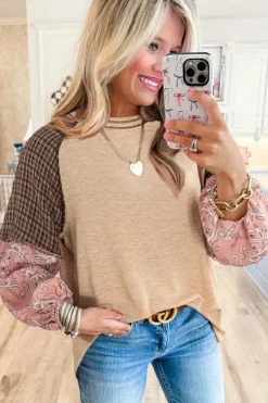Sale Dear-Lover Mixed Print Raglan Sleeve Ribbed Knit Patchwork Blouse Jet Stream