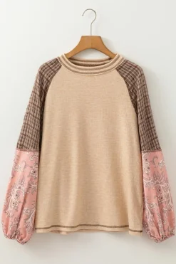 Sale Dear-Lover Mixed Print Raglan Sleeve Ribbed Knit Patchwork Blouse Jet Stream