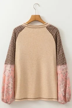 Sale Dear-Lover Mixed Print Raglan Sleeve Ribbed Knit Patchwork Blouse Jet Stream