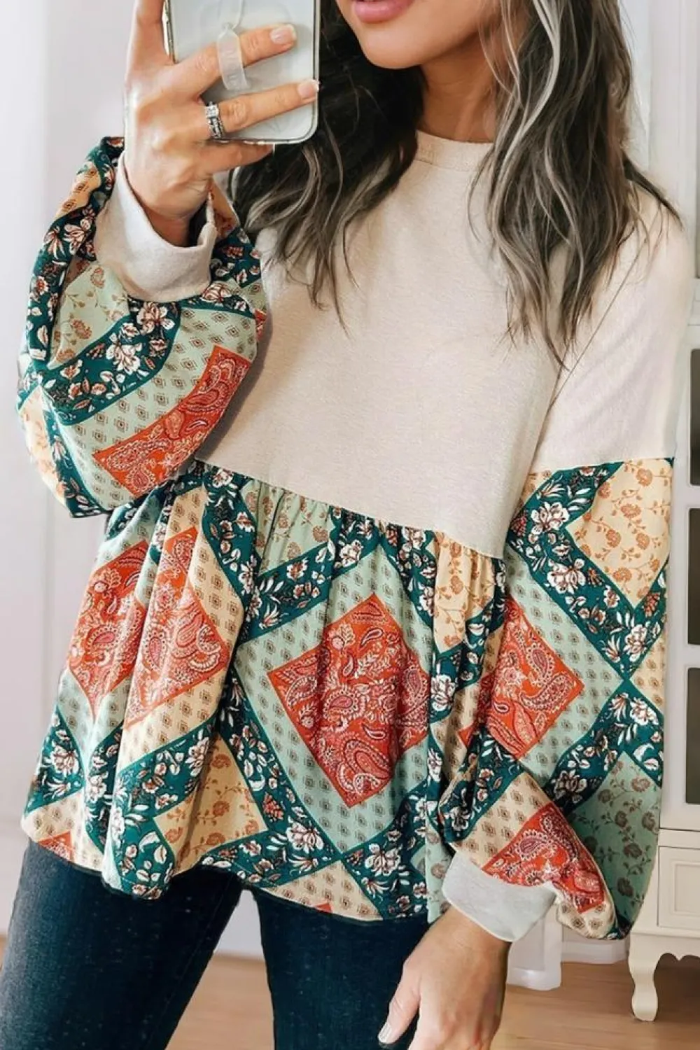 Discount Dear-Lover Paisley Geometric Patchwork Crew Neck Loose Fit Top Jet Stream