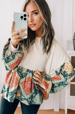 Discount Dear-Lover Paisley Geometric Patchwork Crew Neck Loose Fit Top Jet Stream