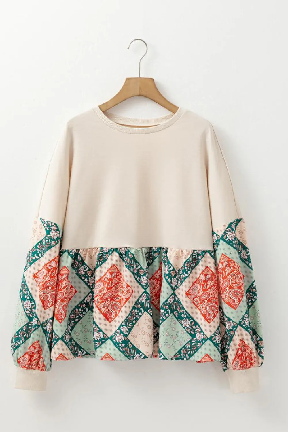 Discount Dear-Lover Paisley Geometric Patchwork Crew Neck Loose Fit Top Jet Stream