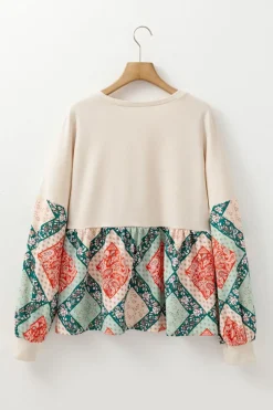 Discount Dear-Lover Paisley Geometric Patchwork Crew Neck Loose Fit Top Jet Stream