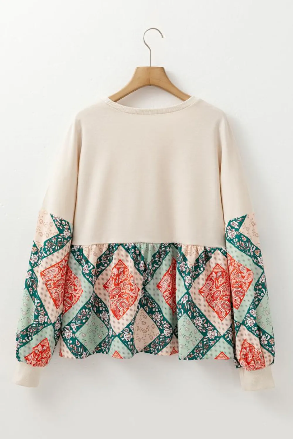 Discount Dear-Lover Paisley Geometric Patchwork Crew Neck Loose Fit Top Jet Stream