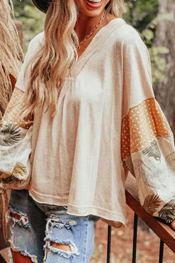 Outlet Dear-Lover Palm Leaves Polka Dot Puff Sleeve Patchwork V Neck Loose Blouse Jet Stream
