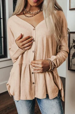 Outlet Dear-Lover Ruffled V Neck Buttoned V Neck Shirt Jet Stream
