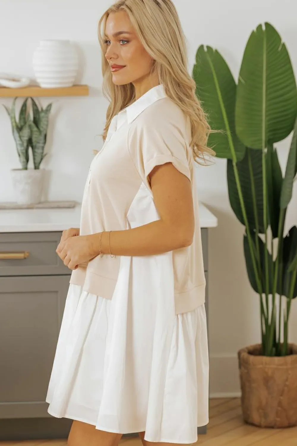 Fashion Dear-Lover Shirt Collar Buttoned Patchwork Short Sleeve Mini Dress Jet Stream